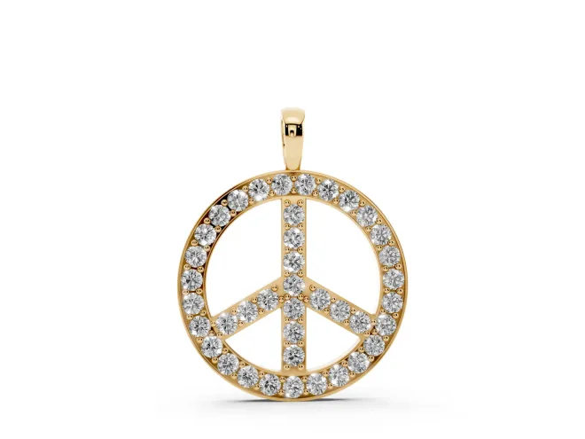 Round Lab-Grown Diamond Pavé Peace Sign Pendant Necklace | Shared Prongs | Yellow Gold