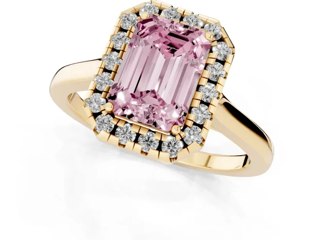 Fancy Pink Emerald Cut Halo Round Diamond Solitaire Ring Set in Yellow gold with Pavé Band and Prong Setting – second view