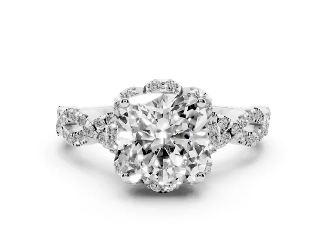 Cushion Cut Diamond Halo Twist Band Solitaire Ring Set in White gold with Prong-Set Center Stone