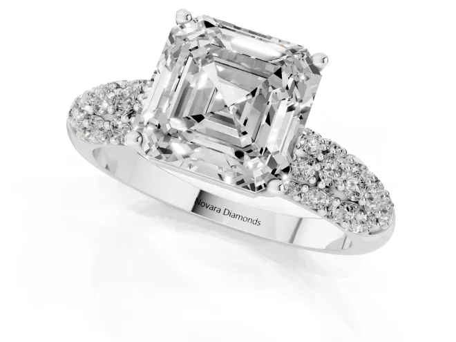 Asscher Cut Diamond Pavé Band Solitaire Ring Set in White gold with Close-Set Accent Stones and Prong Setting – second view