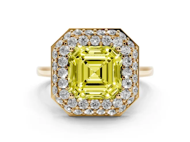 Asscher Cut Pavé Halo Engagement Ring Setting for a Fancy Yellow Lab-Grown Diamond | Slim Plain Band | Yellow Gold