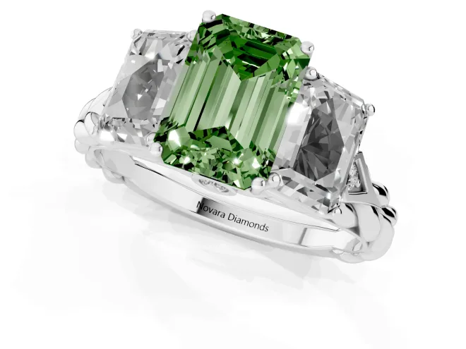 Fancy Green Emerald Cut Diamond Three-Stone Ring Set in Silver with Braided Band – second view