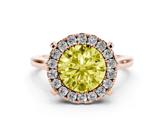 Round Halo Engagement Ring Setting for a Fancy Yellow Lab-Grown Diamond | Claw Corners | Rose Gold