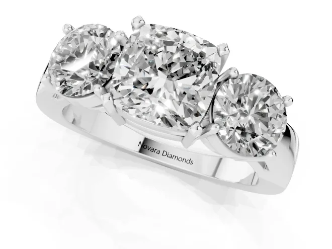 Cushion Cut Diamond Three-Stone Ring Set in Platinum with Round Side Stones and Classic Band – second view