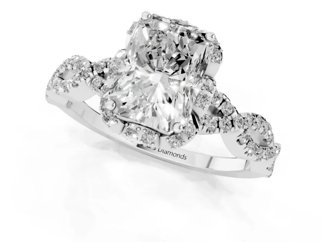 Radiant Cut Diamond Halo Twist Band Solitaire Ring Set in White gold with Prong-Set Center Stone – second view