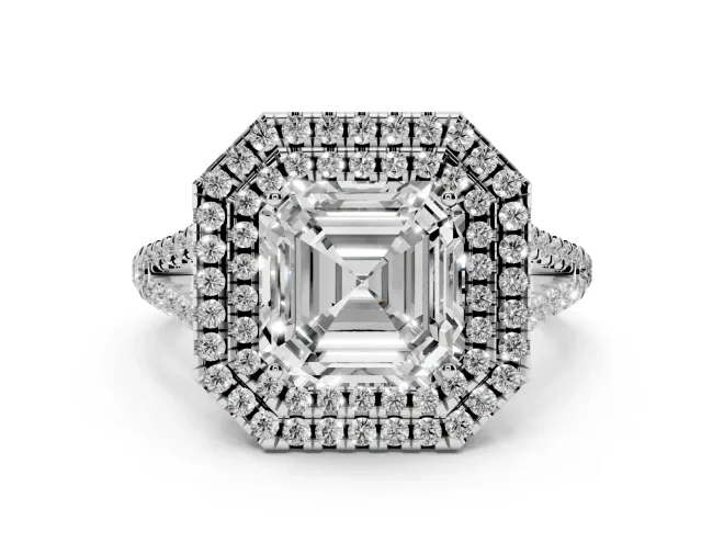 Asscher Cut Diamond Double Halo Ring Set in Silver with Pavé Band