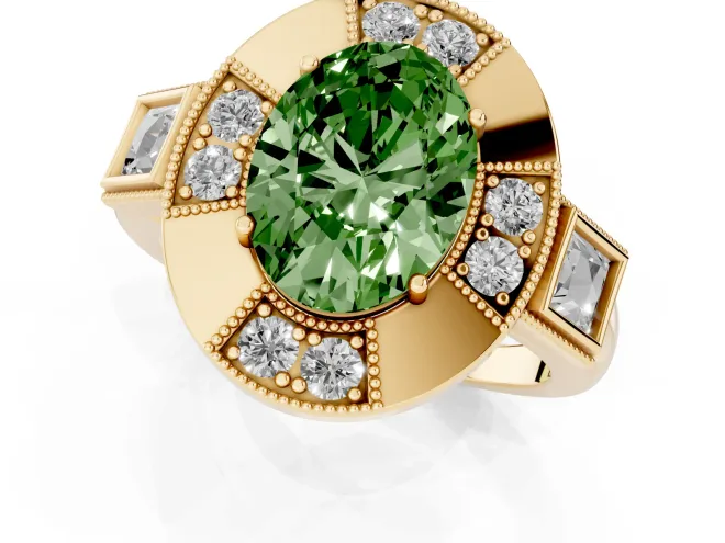Fancy Green Oval Cut Diamond Milgrain Halo Ring Set in Yellow gold with Split Shank – second view