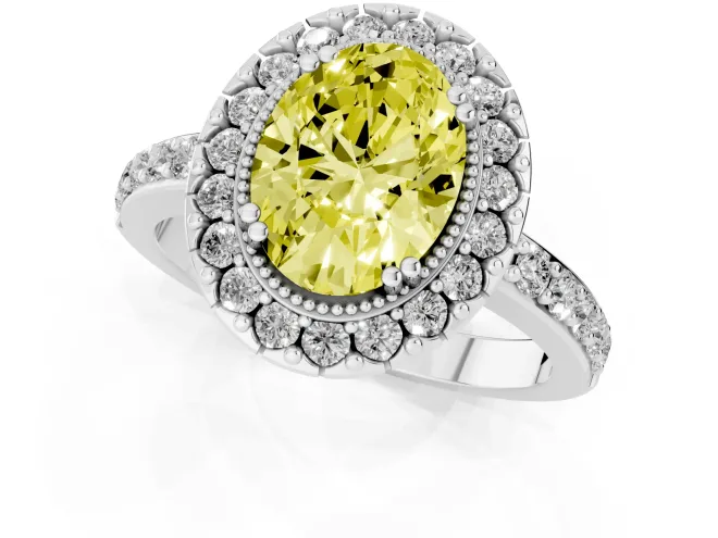 Fancy Yellow Oval Cut Diamond Halo Ring Set in White gold with Pavé Shank and Prong Setting – second view