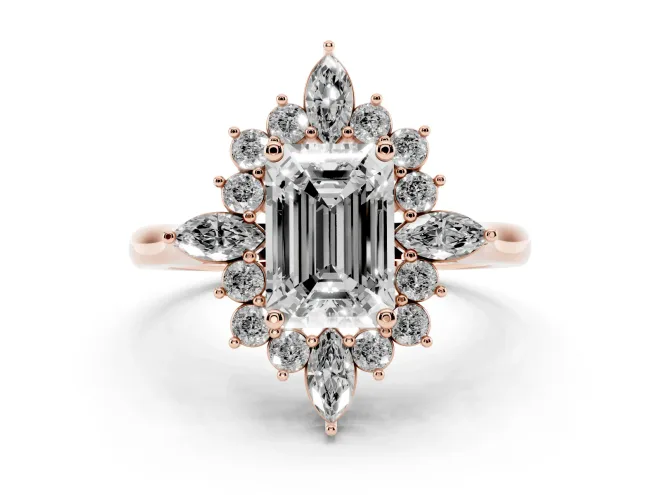 Emerald Cut Cluster Halo Engagement Ring Setting | Rose Gold
