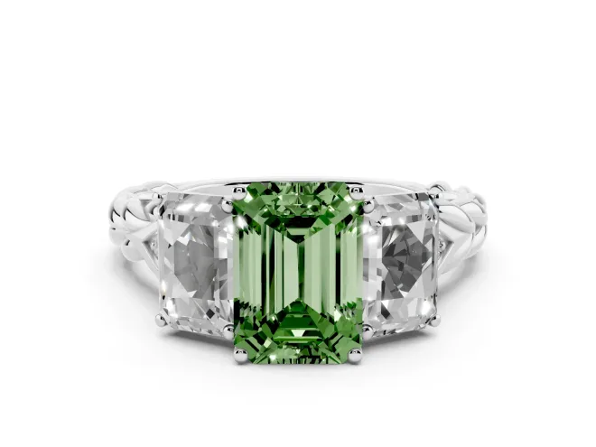 Fancy Green Emerald Cut Diamond Three-Stone Ring Set in Silver with Braided Band