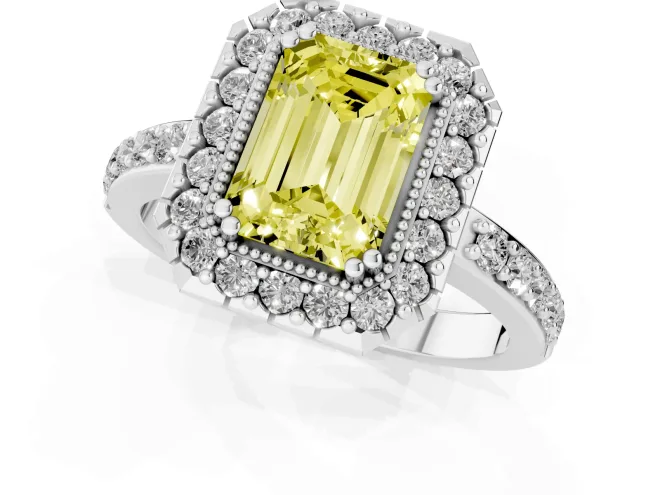 Fancy Yellow Emerald Cut Diamond Halo Ring Set in Platinum with Pavé Shank and Prong Setting – second view