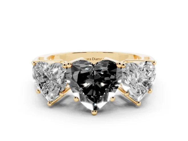 Fancy Black Heart Cut Diamond Three-Stone Ring Set in Yellow gold with Textured Band