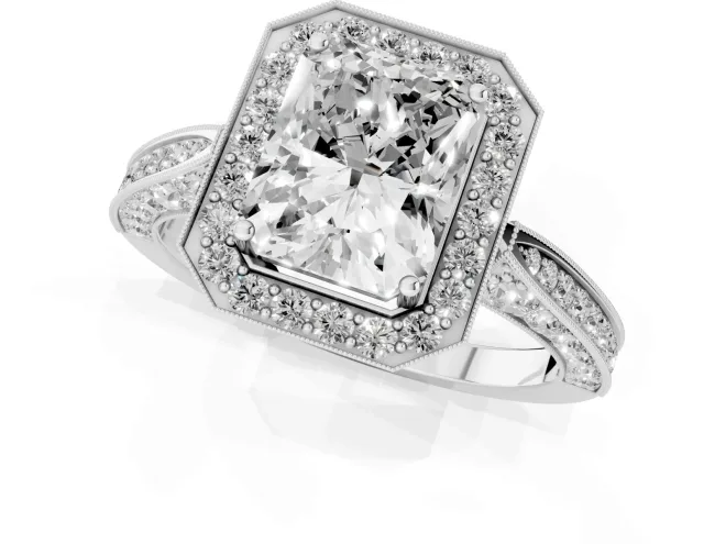 Radiant Cut Diamond Halo Engagement Ring Set in White gold with Accent Split Shank Band – second view