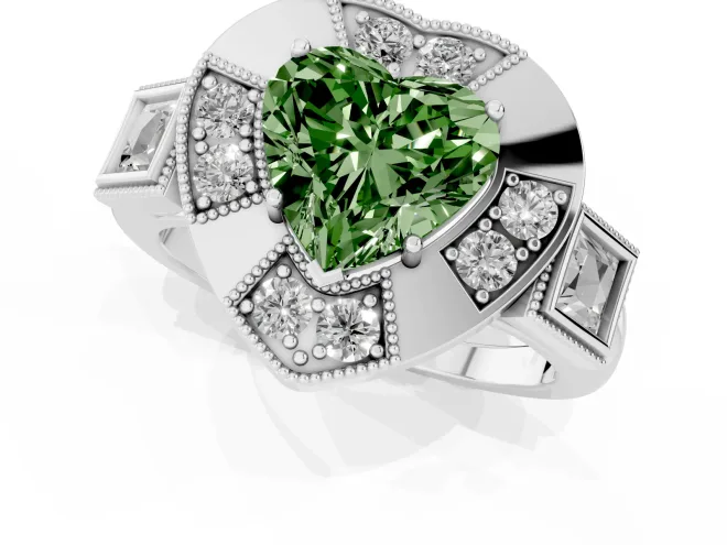 Fancy Green Heart Cut Diamond Milgrain Halo Ring Set in Silver with Split Shank – second view