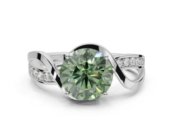 Round Bypass Solitaire Engagement Ring Setting for a Fancy Green Lab-Grown Diamond | Pavé and Plain Strands | Platinum