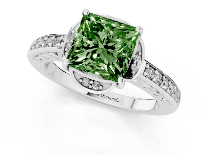 Fancy Green Princess Cut Diamond Halo Ring Set in Platinum with Channel Set Band and Prong Setting – second view