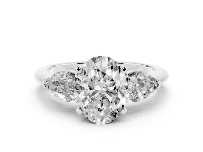 Oval Three-Stone Engagement Ring Setting | Pear Side Stones | White Gold