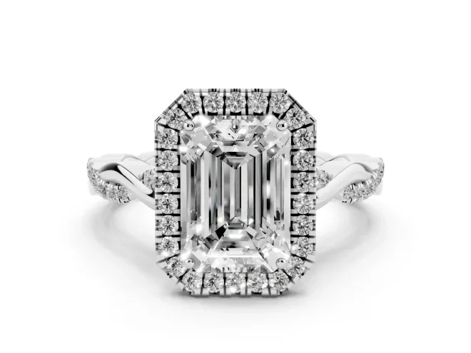 Emerald Cut Diamond Halo Twist Band Solitaire Ring Set in White gold with Prong Setting