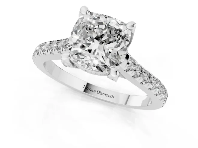Cushion Cut Diamond Solitaire Ring Set in White gold with Brilliant Pavé Band and Prong Setting – second view