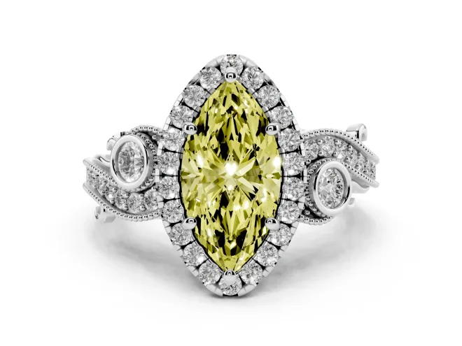 Marquise Vintage Halo Engagement Ring Setting for a Fancy Yellow Lab-Grown Diamond | Bezel Shoulder Accents | White Gold