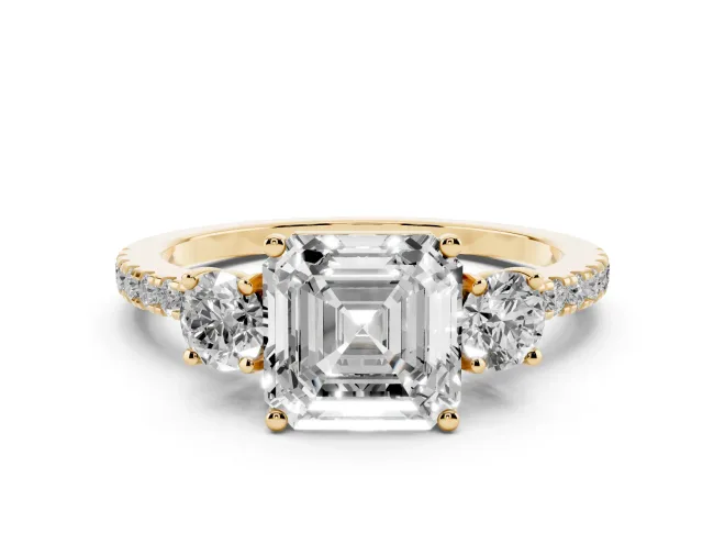 Asscher Cut Three Stone Engagement Ring Setting | Pavé Shoulders | Yellow Gold