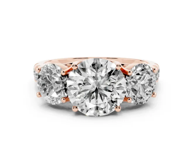 Round Cut Diamond Three-Stone Ring Set in Rose gold with Pavé Band