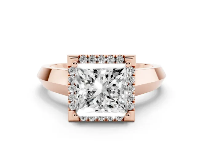 Princess Cut Diamond Halo Ring Set in Rose gold with Cathedral Band and Prong Setting