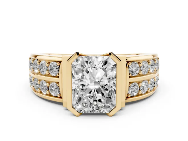 Radiant Cut Half Bezel Engagement Ring Setting | Double Row Channel Band | Yellow Gold