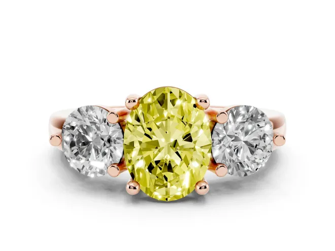 Oval Three Stone Engagement Ring Setting for a Fancy Yellow Lab-Grown Diamond | Open Prong Baskets | Rose Gold