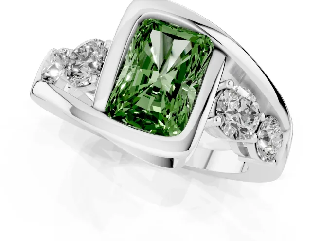 Fancy Green Radiant Cut Diamond Bezel Bypass Ring Set in Platinum with Round Accents – second view