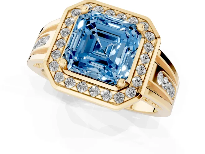 Fancy Blue Asscher Cut Diamond Halo Ring Set in Yellow gold with Pavé and Bezel Accent Split Shank – second view