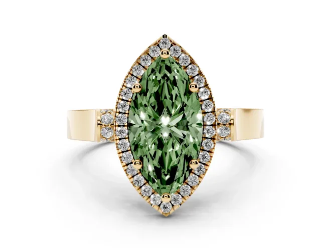 Marquise Halo Engagement Ring Setting for a Fancy Green Lab-Grown Diamond | Pavé Panel Shoulders | Yellow Gold