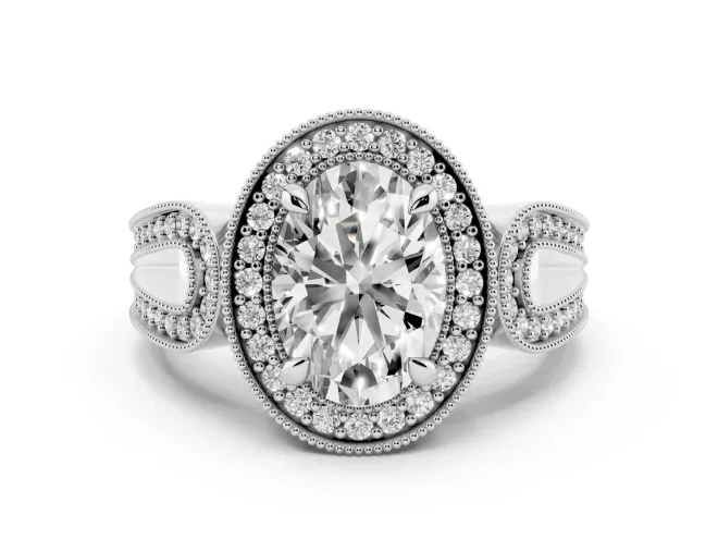 Oval Cut Diamond Halo Ring Set in Silver with Milgrain Accent Split Shank