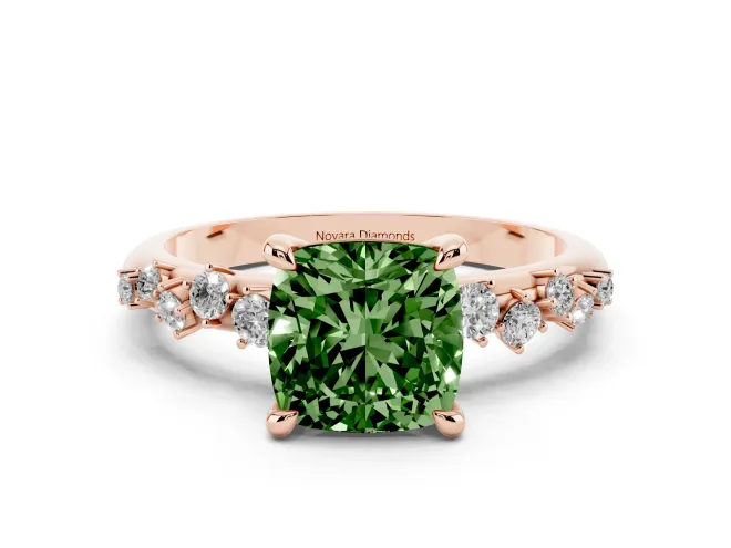 Fancy Green Cushion Cut Diamond Solitaire Vine Band Ring Set in Rose gold with Round Accents and Prong Setting
