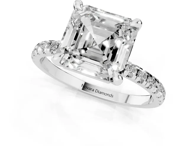 Asscher Cut Diamond Brilliant Solitaire Ring Set in Platinum with Pavé Band and Prong Setting – second view