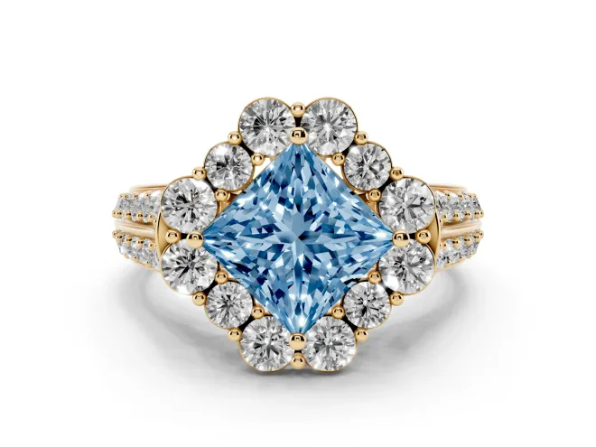 Princess Cut Large Accent Halo Engagement Ring Setting for a Fancy Blue Lab-Grown Diamond | Graduated Pavé | Yellow Gold