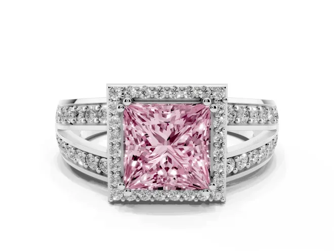 Fancy Pink Princess Cut Diamond Halo Ring Set in White gold with Double Pavé Split Shank