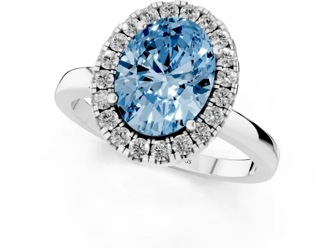 Fancy Blue Oval Cut Diamond Halo Solitaire Ring Set in Platinum with Pavé Band and Prong Setting – second view