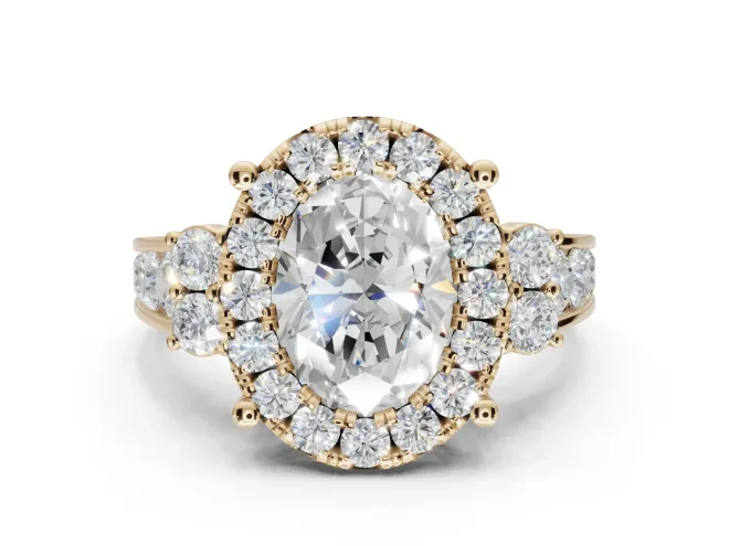 Oval Halo Side Cluster Engagement Ring Setting | Graduated Channel Band | Yellow Gold