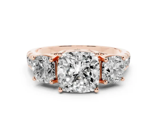 Cushion Cut Diamond Three-Stone Ring Set in Rose gold with Pavé Band