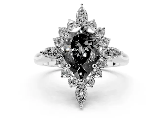 Fancy Black Pear Cut Diamond Cluster Halo Ring Set in White gold with Marquise and Round Accents