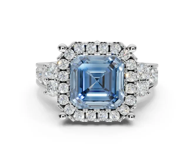 Asscher Cut Halo Engagement Ring Setting for a Fancy Blue Lab-Grown Diamond | Graduated Channel Band | White Gold