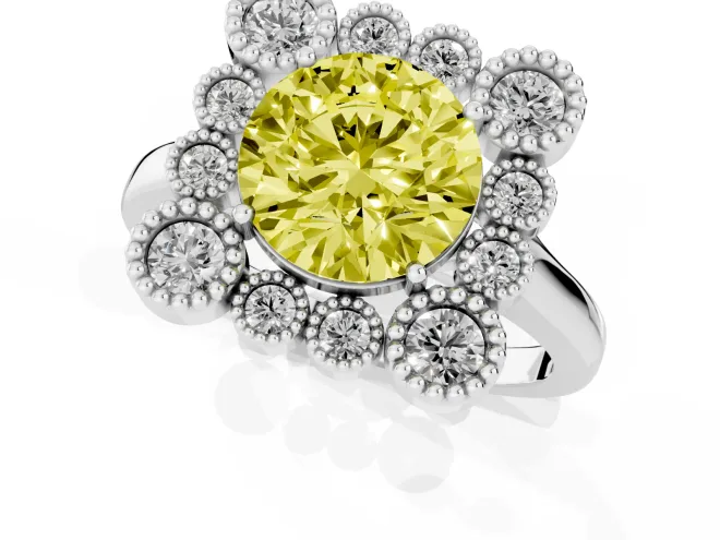 Fancy Yellow Round Cut Diamond Cluster Halo Ring Set in Platinum with Milgrain Bezel Accents and Plain Band – second view