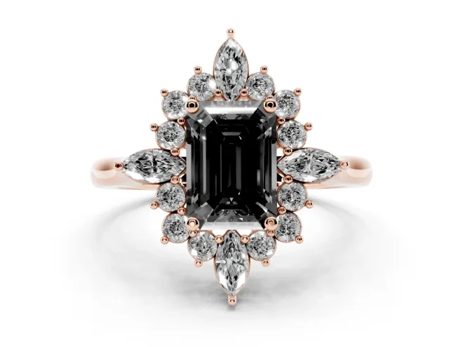 Fancy Black Emerald Cut Diamond Cluster Halo Ring Set in Rose gold with Marquise and Round Accents