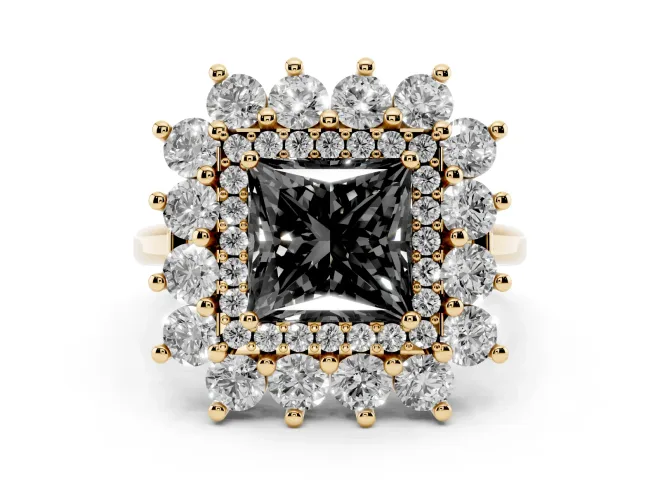 Princess Cut Floral Halo Engagement Ring Setting for a Black Center | Plain Band | Yellow Gold