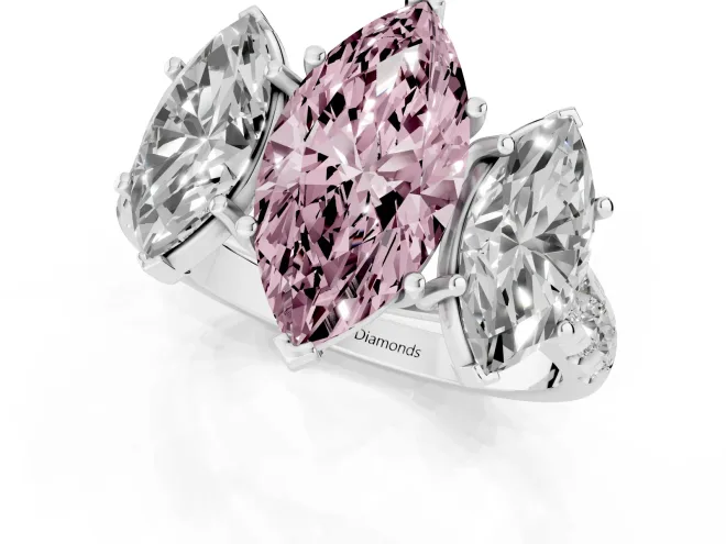 Fancy Pink Marquise Cut Diamond Three-Stone Ring Set in White gold with Pavé Band – second view