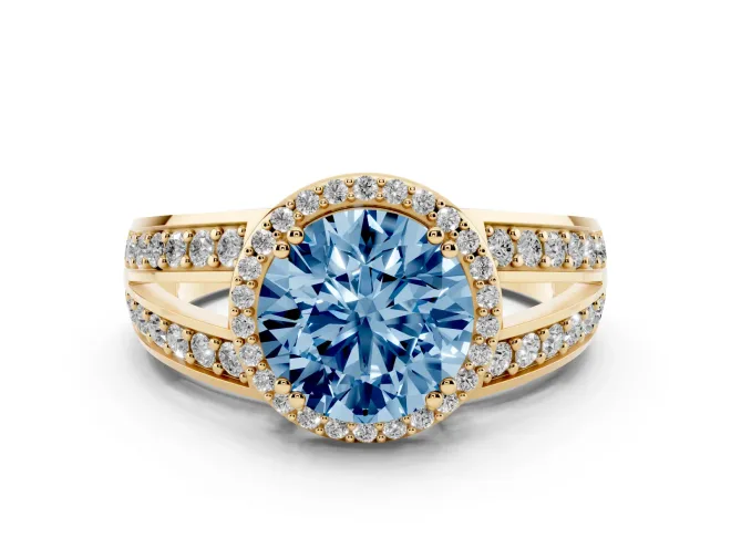Round Halo Engagement Ring Setting for a Fancy Blue Lab-Grown Diamond | Split Shank | Yellow Gold