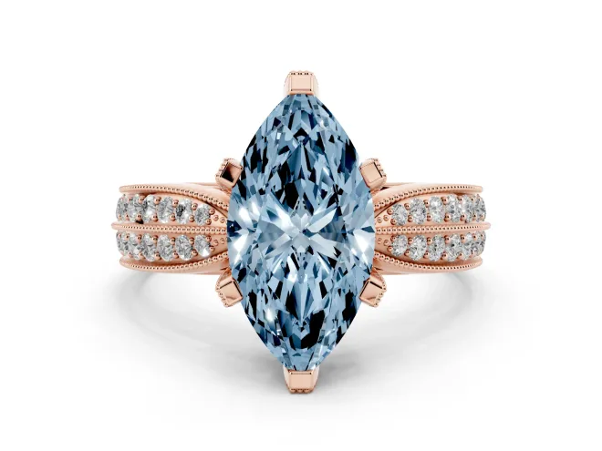 Fancy Blue Marquise Cut Diamond Solitaire Ring Set in Rose gold with Milgrain Double Row Round Pavé Band