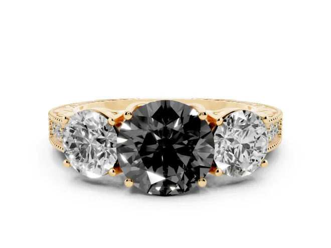 Fancy Black Round Cut Diamond Three-Stone Engagement Ring Set in Yellow gold with Milgrain Pavé Band