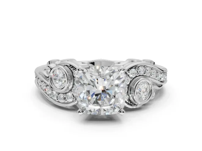 Cushion Cut Vintage Swirl Engagement Ring Setting | Bezel Side Accents | Sterling Silver